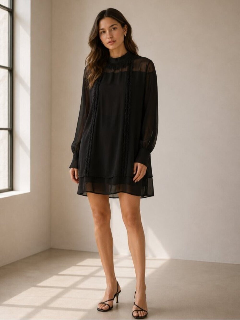 3.1 Phillip Lim Black 100% Silk Chiffon Dress Sheer Long Sleeve Midi Size 0 0478